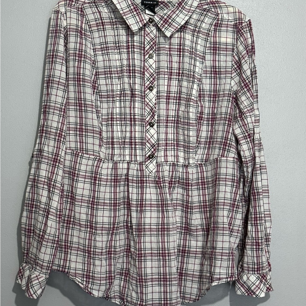 Torrid Plaid Babydoll Shirt With Collar Purple Gray White Womens Plus 2X